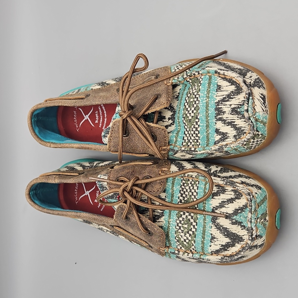 Twisted X Aztec Print & Leather Handcrafted Boat Shoe Driving Moccasins 8 - Picture 6 of 12